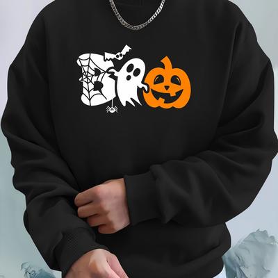 TEMU Halloween Graphic Crew Neck Sweatshirt Men's Casual Long Sleeve Knit Polyester Pullover With Stretch, Loose Fit Regular Length - Seasonal Print Sweater Image