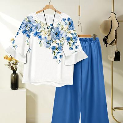 TEMU Yy0307166 Women's Spring/summer Floral Print Short Sleeve Top + Loose Wide Leg Pants With Elastic Waist Image