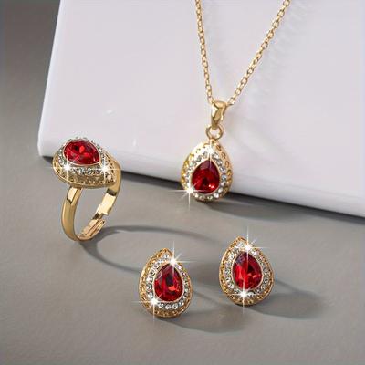 TEMU Vintage Elegant 18k Golden Plated Jewelry Set With Rhinestone Accents, Alloy Tear-drop Earrings, Necklace, And Ring Combo For Women - Ideal For And Special Occasions Image