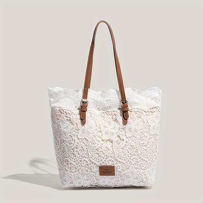 TEMU Women's Vintage Floral Lace Tote Bag - Frosted, Adjustable Strap, Magnetic Closure, Beach, Travel, Weddings & Parties, Beach Travel Bag|vintage Lace Bag|durable Handle Bag Image