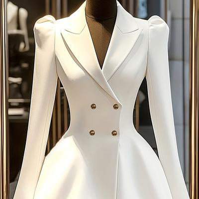 TEMU Elegant Spring/summer Women'-breasted Waist- Cinching Blazer - Chic Black Long Sleeve Jacket With Golden-tone Buttons, Slim Fit, Polyester, Professional Or Formal Occasions, Ladies Blazer Image