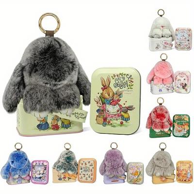 TEMU Handmade Soft Bunny Pompom Keychain With Tin Box – Adorable Plush Rabbit Pink Gift Box, Easter, Valentine’s Day, Back To School, And Birthday Gifts Image