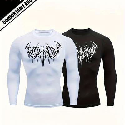 TEMU 2pcs Men's Athletic Long Sleeves - Breathable, Stretchy Fabric With Stylish , Crew Neck, Ideal For Jogging & Outdoor Activities, White & Black, Workout Clothes Image