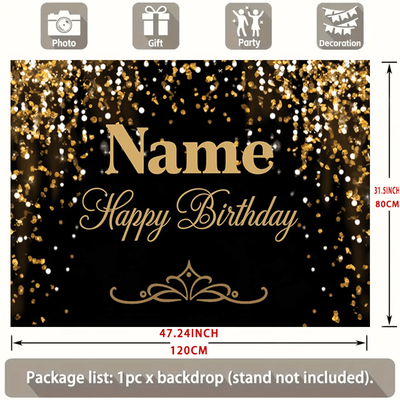 TEMU 1pc Personalized Polyester Banner With Custom Name - Black And Golden , Ideal For Party Decorations, Photo Backdrops, No Electricity Needed Image