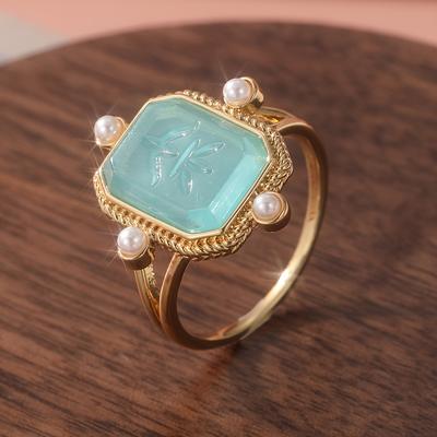 TEMU Vintage-inspired Ring With Golden-tone Band And Pearl Accents - Dainty, Bohemian Style, Bridesmaids And , Gift Ring|bohemian Accessory|dainty Ring Design, Crystal Ring Image