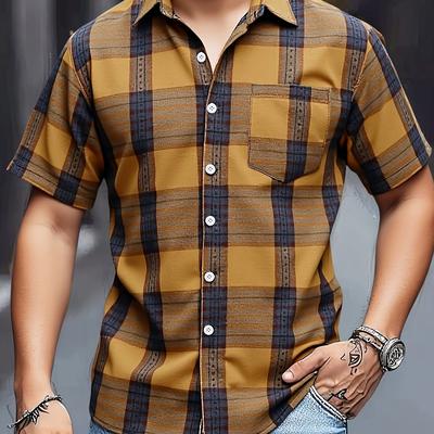 TEMU Men's Casual Short Sleeve Button-up Shirt - Stylish Summer Wear With Chest Pocket, Checkered Design, Lightweight Non-stretch Fabric, Everyday Use, Short Sleeve Tops, Plus Size Image