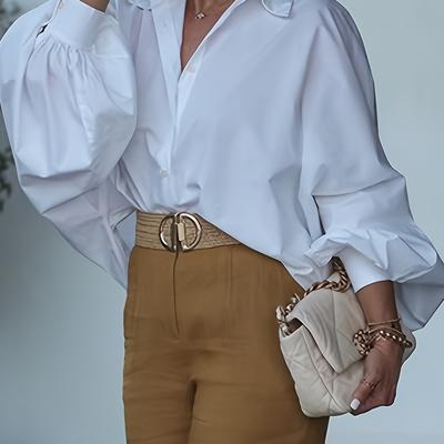 TEMU Ytd Women's Elegant Collared Lantern Sleeve Button-up Batwing Shirt, Oversized Solid Color Stylish Versatile Top For All . Image