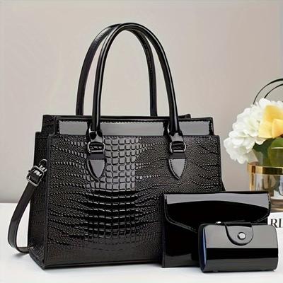TEMU Three-piece Set Of Ramadan Festival Handbags With Classic Crocodile Pattern Women' Set, Single Shoulder Bag And Handbag With Wallet, Suitable For Gifts, Work Travel Image