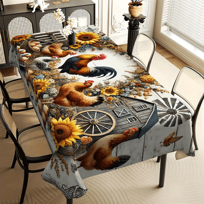 TEMU Product 1pc Farm Pattern Tablecloth, Rooster, Hen, Sunflower - Durable And Washable - Ideal For Picnics, Camping, Weddings, Birthdays, Restaurants, And Buffet Dinners With Design Image