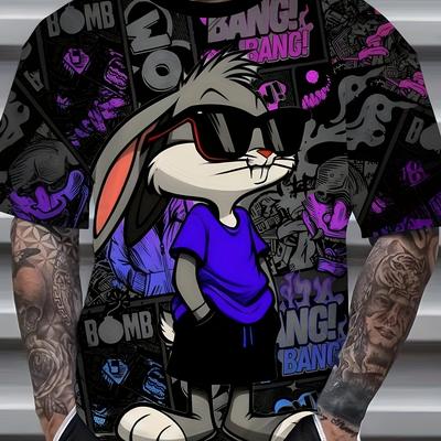 "TEMU Men's 3d Rabbit Print T-shirt With "" Graphic - Polyester, Asymmetrical Design, Round Neck Short Sleeve Casual Summer Top, Rabbit Art, Durable Fabric Shirt, Tee" Image