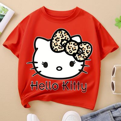TEMU For Hello Kitty Girls' T-shirt - Cute Cartoon Cat Print, Leopard , Stretchy Summer Outdoor Top For Casual Play And Style | Cat Graphic Tee Image