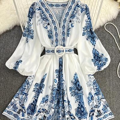 TEMU Vintage Style Floral Print V-neck Dress With Lantern Sleeves And Belt Image