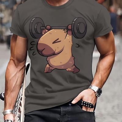 TEMU Men's 3d Capybara Print T-shirt - Dark Brown Casual Short Sleeve, Breathable Polyester, Lightweight & Comfortable, Fashionable Round Neck Tee For Casual Attire Image
