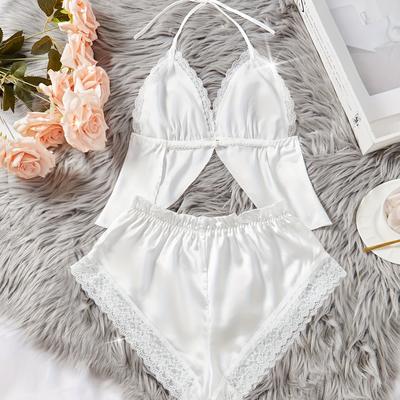 TEMU Contrast Lace Solid Color Pajama Set, Halter Neck Slit Top & Elastic Shorts, Women's Sleepwear & Loungewea Image