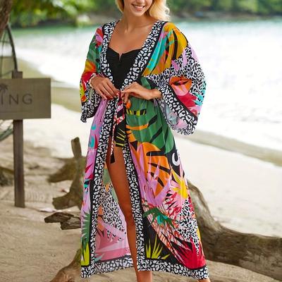 TEMU Women's Tropical Print Boho Kimono Dress With Belt - Vibrant Leaf & , Long Sleeve Maxi Swim Cover-up, Lightweight Polyester, Beach Vacations Image