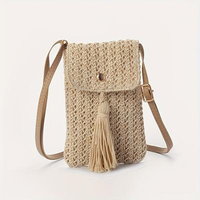 TEMU Women' Crossbody Mobile Phone Bag With Grass Rope Handmade Weaving Mini Wallet Women's Casual Mobile Phone Bag Streetwear Image