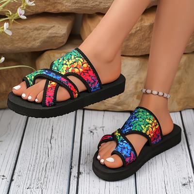 TEMU Women's Plus Size Print Sandals - Comfortable Slip-on, Low Heel, Thick Sole, Geometric Pattern, Casual Summer Beach Party Shoes, Flat Heel Sandals| Print Sandals|rubber Sole Sandals Image