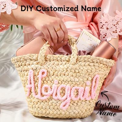 TEMU Personalized Woven Straw Tote Bag For Women - Custom Name Design, White Beach & Picnic Basket With Handles, Open Top, Travel Or Outdoor Activities, Spacious Carryall | Casual | No Lining Inside Image