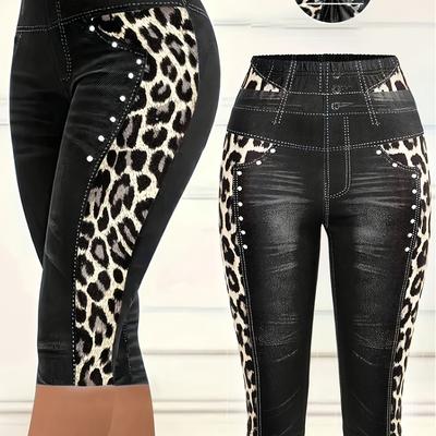 TEMU Women's Leopard Print Capri Denim - Stretchy, Casual, Spring/summer Trousers With Fake Pockets, Beach, Yoga & Weekend Wear, Casual Wear|leopard Print Denim|stretchy Material Image