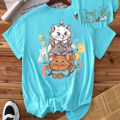 TEMU Cat Adventure Reversible Shirt - Women's Casual Short Sleeve Featuring & Paris Cats, Light Blue With Animated Design, Cat Lovers, Spring/summer/fall Wear Image