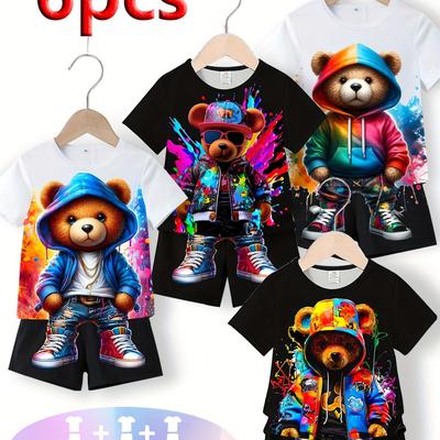 TEMU Issued 3 Sets, Total Of 6pcs, Short-sleeved Suit For Boys. 3d Bear Print Pattern. Hand-cutting, Suitable As Holiday Gifts For , Outdoor Image