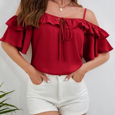 TEMU Elegant -shoulder Ruffle Blouse With Tie Detail - Polyester, Machine Washable, Summer , Blouse | Offshoulder Top | Glossy Texture Image