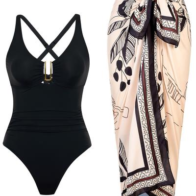 TEMU Solid 2pcs Swimsuits, , Straps, Tummy Control, Fashionable 1 Piece Swimsuits And Cover-up Dresses, Women's Swimwear And Apparel Image