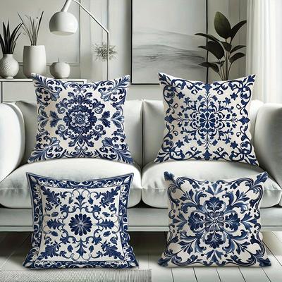 TEMU 4pcs Elegant Porcelain-inspired Pillow Covers - Soft Polyester, Wrinkle & Fade Resistant, Zippered, Hand Washable - Living Room Decor, Oriental Charm, Use, Inserts Not Included Image
