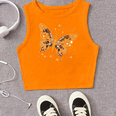 TEMU Girls' Summer Fashion Glittering Print Tank Top, Casual Crew Neck Knit Fabric Vest With Applique Detail, Polyester 95% Elastane 5% - Medium Stretch Image