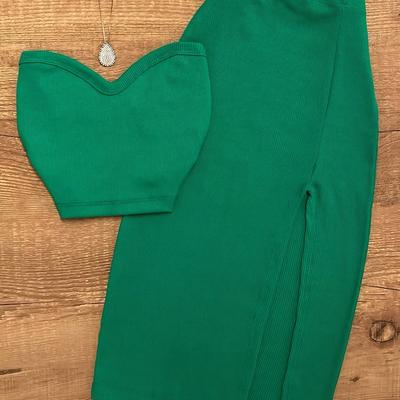 TEMU Women's Spring And Summer Ribbed Grass Green Solid Color Fabric Sleeveless Camisole & Skirt Set Of 2 Image