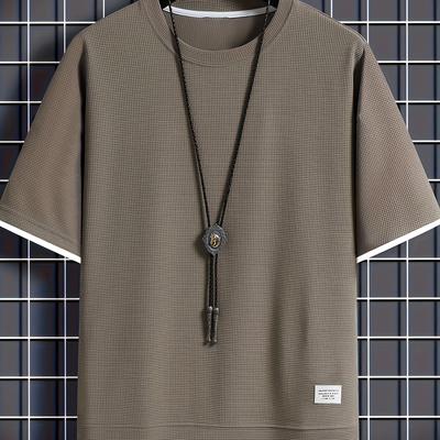 TEMU Men's Summer Waffle Texture Crew Neck T-shirt - Oversized Loose Fit Fake Two-piece Design, Lightweight 5/4 Sleeve Casual Top For Casual Attire, Relaxed Fit Tee, Waffle Fabric Image