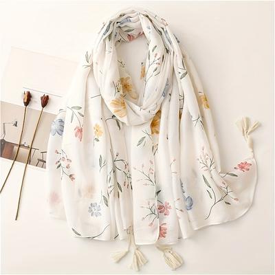 TEMU Women's Floral Print Tassel Scarf - Soft, Lightweight, And Stylish For , Beach, Travel, And Casual Wear, Beach Shawl | Colorful Flowers | Polyester Image