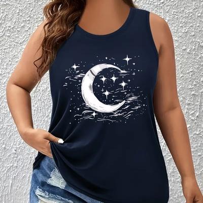 TEMU Women's Plus Size Green Tank Top With Moon And Stars Print - Casual, Sleeveless, Round Neck, Stretchy Fabric, Wear, Casual Wear|celestial Print Top|stretchy Fabric Top, Plus Size Tank Tops Image