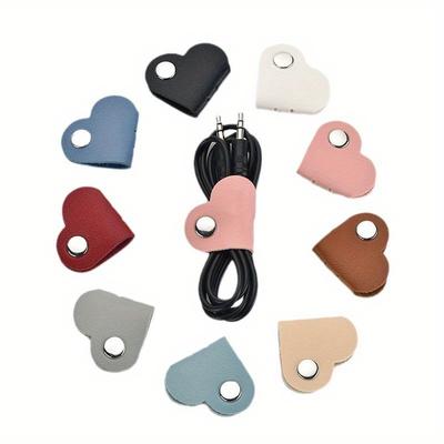 TEMU Set Of 10 Assorted Color Heart-shaped Leather Cable Ties, Multi-colored Organizers For Headphones And Headsets, Non-battery Cable Management Clips, Unisex Cable Holders. Image