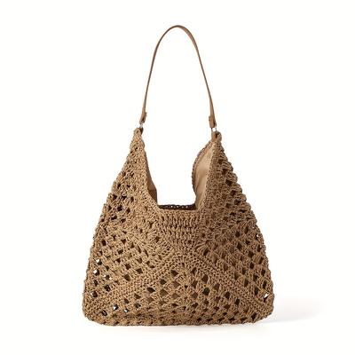 TEMU Large Capacity Hollow-out Shoulder Bag For Women - Stylish Beach Tote With Brown Handles, Beige Openwork Design, Vacation, Travel, Or Daily Use, Vacation Accessory | Stylish Women's Bag | Paper Image