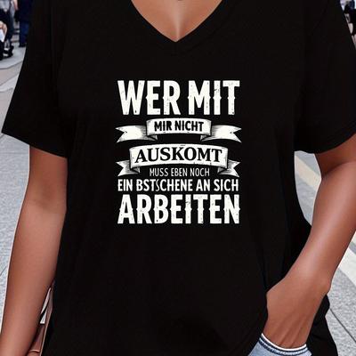 TEMU Women's Plus Size V-neck T-shirt With German Quote & Banners - Casual Sporty Style, Geometric Pattern, , Casual Sportswear | German Text Tee | Image