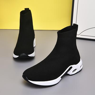 TEMU Women's Slip-on Elastic Socks Shoes, Trendy And Versatile Casual Footwear For Spring And Summer, Breathable Knitted Mesh Shoes With Soft, Non-slip Soles, Stylish Black Thick-soled Air Cushion . Image