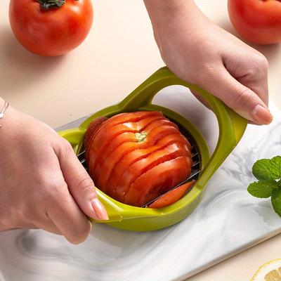 TEMU Stainless Steel Tomato & Potato Slicer – Multifunctional Manual Fruit And Vegetable Cutter With Green Handle, Design For Uniform Slices, Vegetable Slicer Image