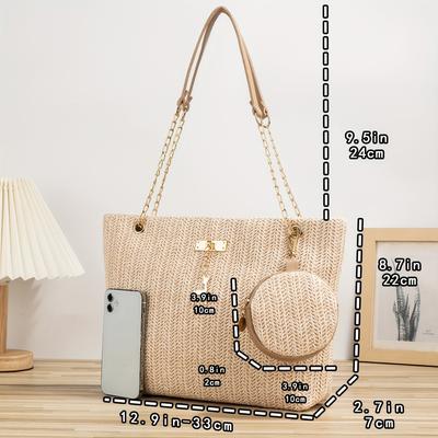 TEMU Fashionable Mini Straw Tote Bag For The Beach, Chain Shoulder Bag, Small Handbag, With A Coin Purse. Suitable For Girls, Women, Students, Shopping, Travel, Vacations, , And Holidays. Image