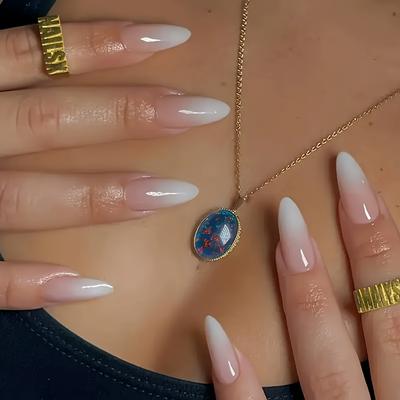 TEMU Full Set Of 24pcs Medium-length Almond-shaped Press-on False Nails With White Gradient Design, Including 1 Jelly Glue And 1 Nail File, Party, Dance And , Removable And Reusable. Image