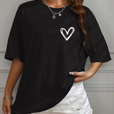 TEMU Women's Casual Loose Fit Shoulder T-shirt With Heart Applique - Mid-stretch Round Neck Short Sleeve Top, Machine Washable H-line Silhouette For , Relaxed , Graphic Tee, Medium Stretch Fabric Image