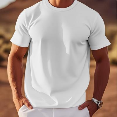 TEMU Men's Casual Short Sleeve T-shirt With Chest Logo Print - White Regular Fit Round Neck Tee For Casual Attire & Outdoor Activities, Everyday Casual Wear | Trendy Chest Print | Shirt Image
