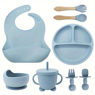 TEMU 8pcs Silicone Feeding Set - Soft, Food-grade Tableware With Bib, Suction Plates & Bowls, Wooden Handle , Training Cups For - In Cream, Pink, Green, Blue Image