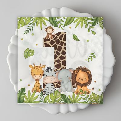TEMU 1 Set Of 20pcs, Jungle Animal Birthday Theme Party Napkins, Featuring Wild 1 Animal Designs, Suitable For Theme Party Decorations. Image