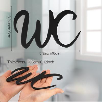 TEMU Black Acrylic Self-adhesive Wc Sign For Toilet Door - , Wall-mounted, Contemporary Design, Ideal For Modern Restroom Decor, Bathroom Deco Image