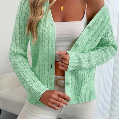 TEMU Women's Elegant V-neck Cable Cardigan - Soft Long Sleeve Button Front H-silhouette Sweater For Spring & Fall, Regular Fit Solid Color, Cardigan Sweater, Clothing, Silhouette, Textured Fabric Image