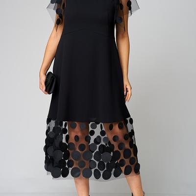 TEMU Plus Size Elegant Black Sleeveless Dress With Sheer Lace Sleeves & Hem - Flared Skirt, Round Neck, Machine Washable, Versatile Women's Fashion, Evening Wear, Nonstretch Fabric, Formal Attire Image