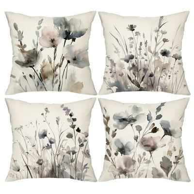 TEMU 4pcs Watercolor Ink Painted Flower Leaf Coarse Linen Pillowcase, Cushion Cover, Protective Cover, 18'x18 'home Sofa Decorative Pillowcase Image