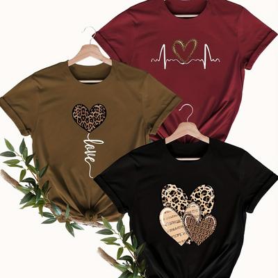 TEMU 3pcs Set Of New Summer Women's T-shirts With Leopard Print And Heart Patterns Image
