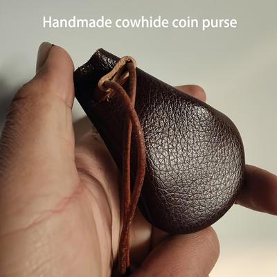 TEMU Handmade Genuine Genuine Leather Mini Coin Purse For Women – Vintage Style With Earphone Holder, Durable Cowhide Design, Minimalist Brown Genuine Leather Pouch With Drawstring Closure Image
